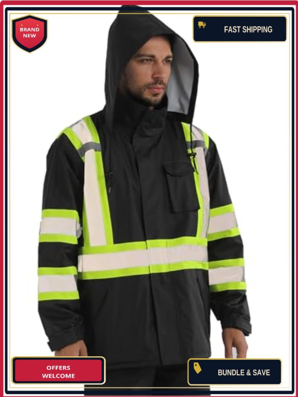 Men's High Visibility Waterproof Rain Jacket Safety Work Coat with Reflective
